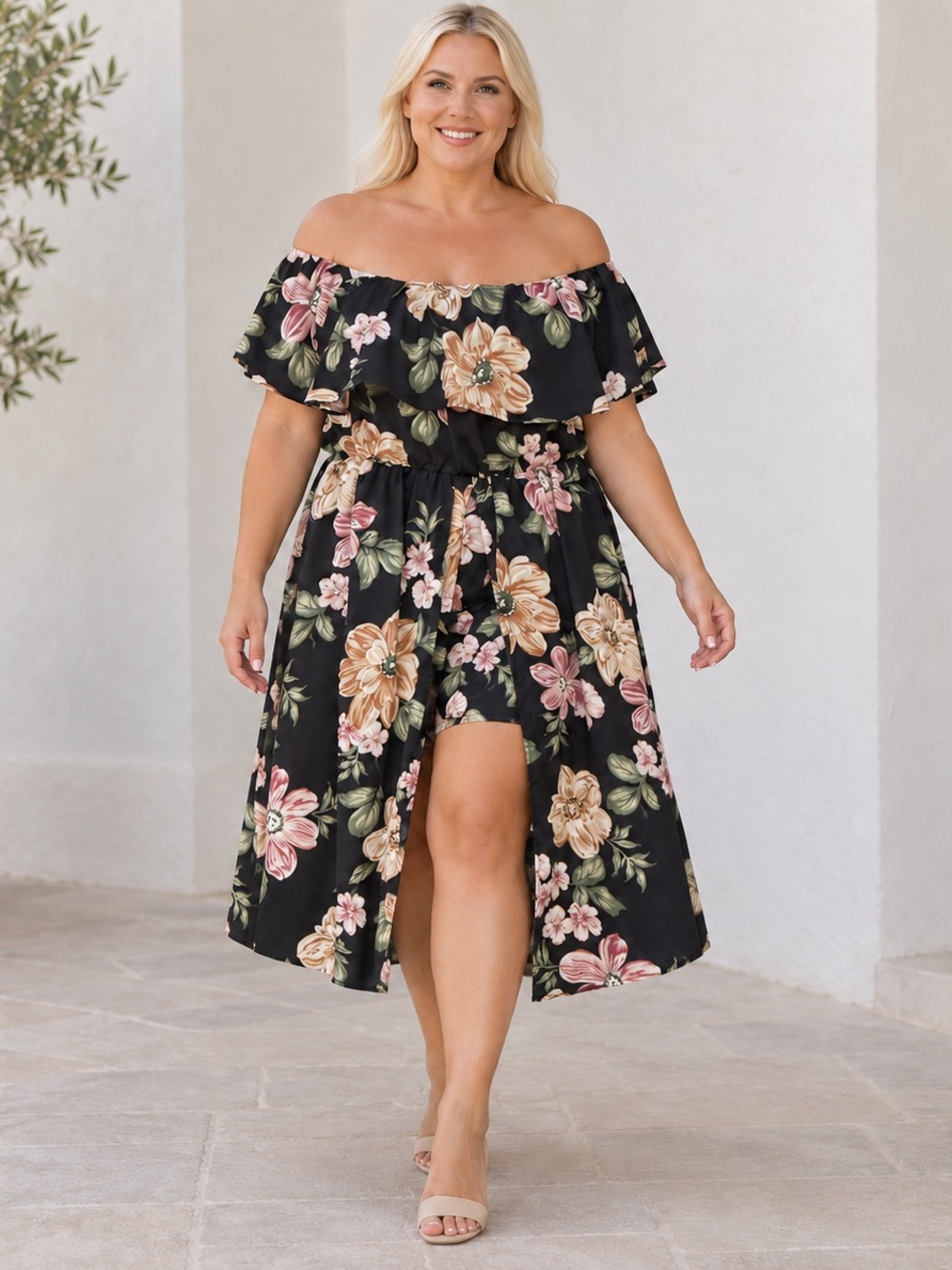 Black Floral Off Shoulder Ruffle Split Front Dress with Matching Underlayer